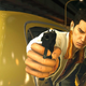 A man in a suit aims a pistol while dangling out of a taxi in Yakuza.